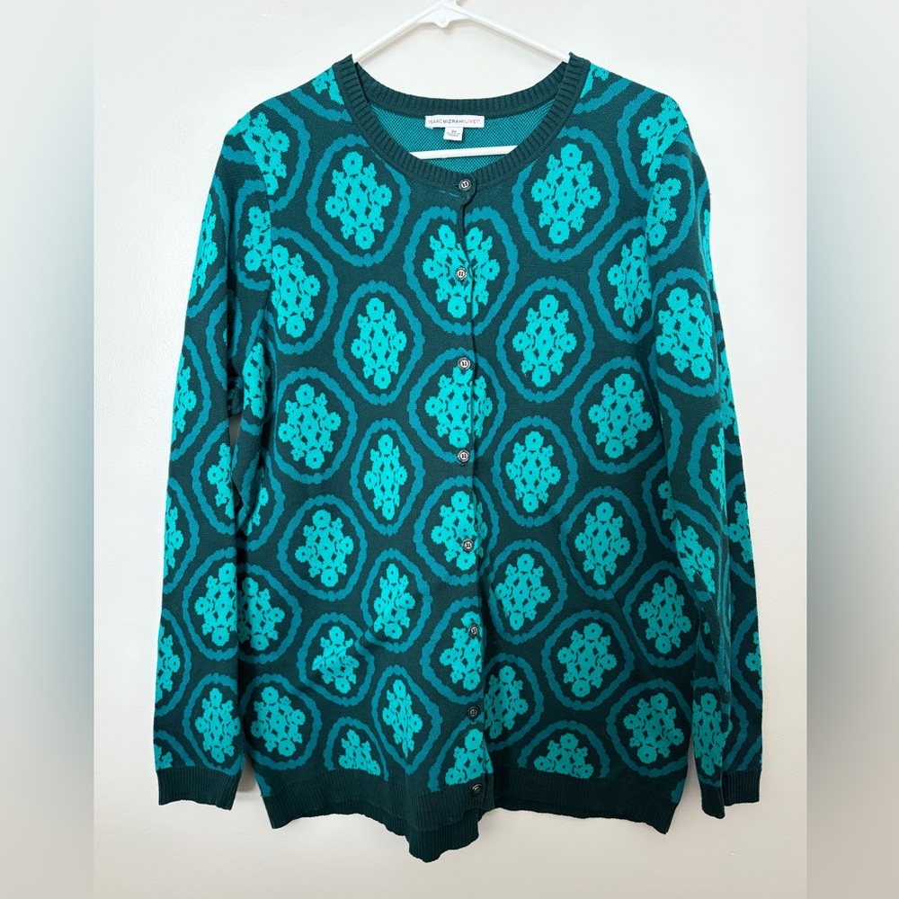 100% Cotton Isaac Mizrahi Madallion Jacquered Pattern Button-Up Cardigan
